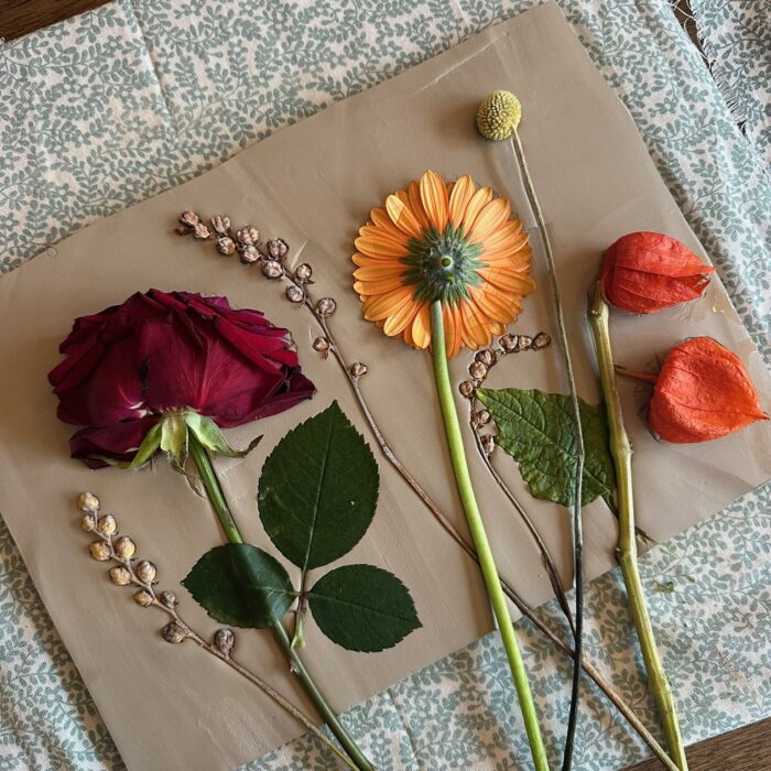 Bloemen, bladeren en takjes klaargelegd op een kleiplaat om erin te drukken